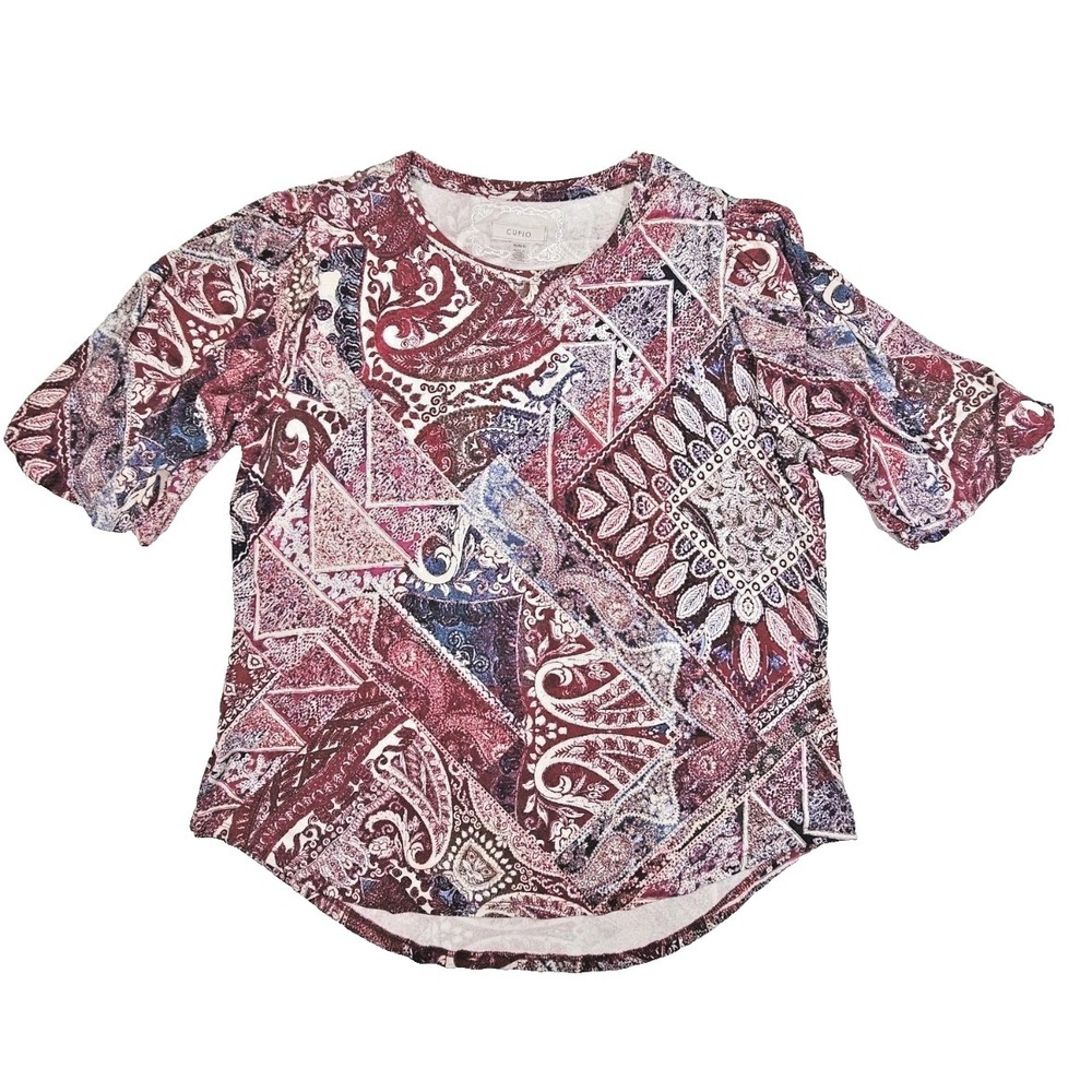 Cupio Peasant Tunic Blouse Women's XL 1/2 Puff Sleeve Red Blue Floral Paisley